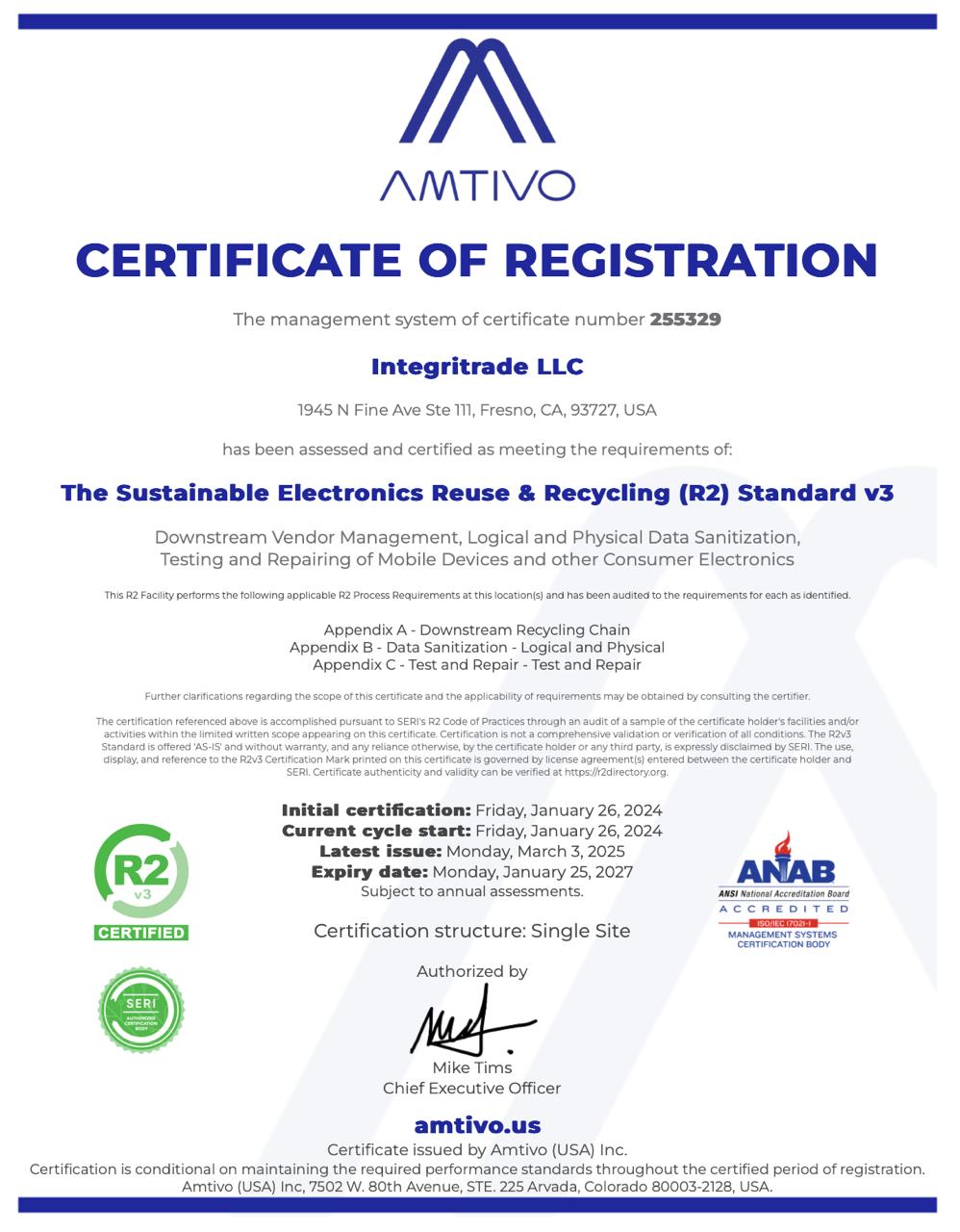 R2v3 Standard certificate — Amtivo (USA) Inc. - ANAB Accredited