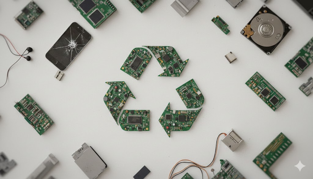 Circuit boards arranged into a recycling symbol surrounded by retired electronic devices