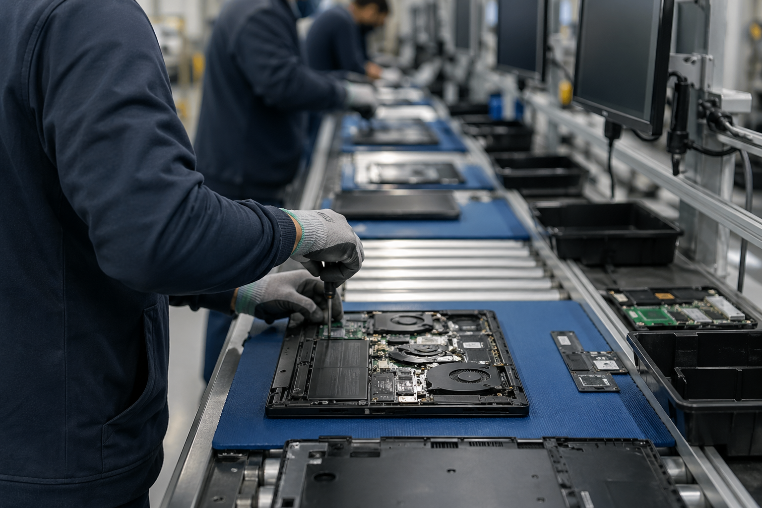 Technician disassembling laptop on ITAD assembly line with conveyor system in a modern electronics processing facility