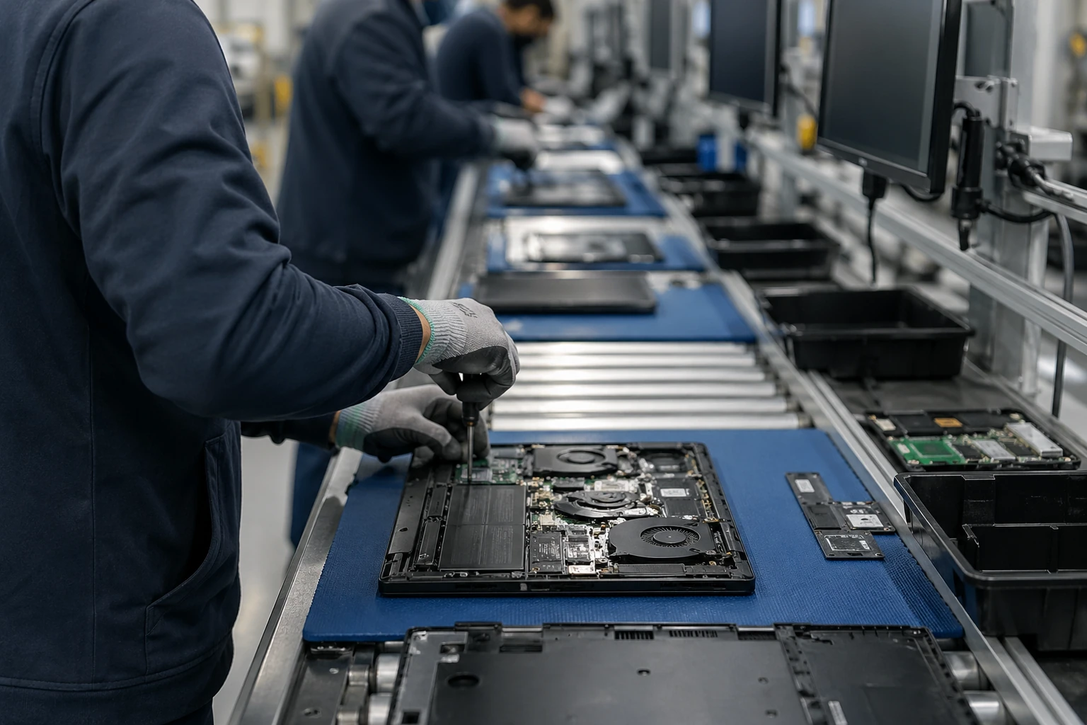 Technician disassembling a laptop on an ITAD assembly line in a modern electronics processing facility