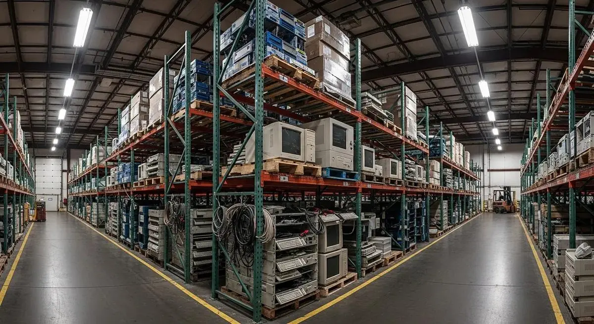 Warehouse aisles of pallet racking stacked with retired computers, monitors, printers, and cabling, with a forklift in the background