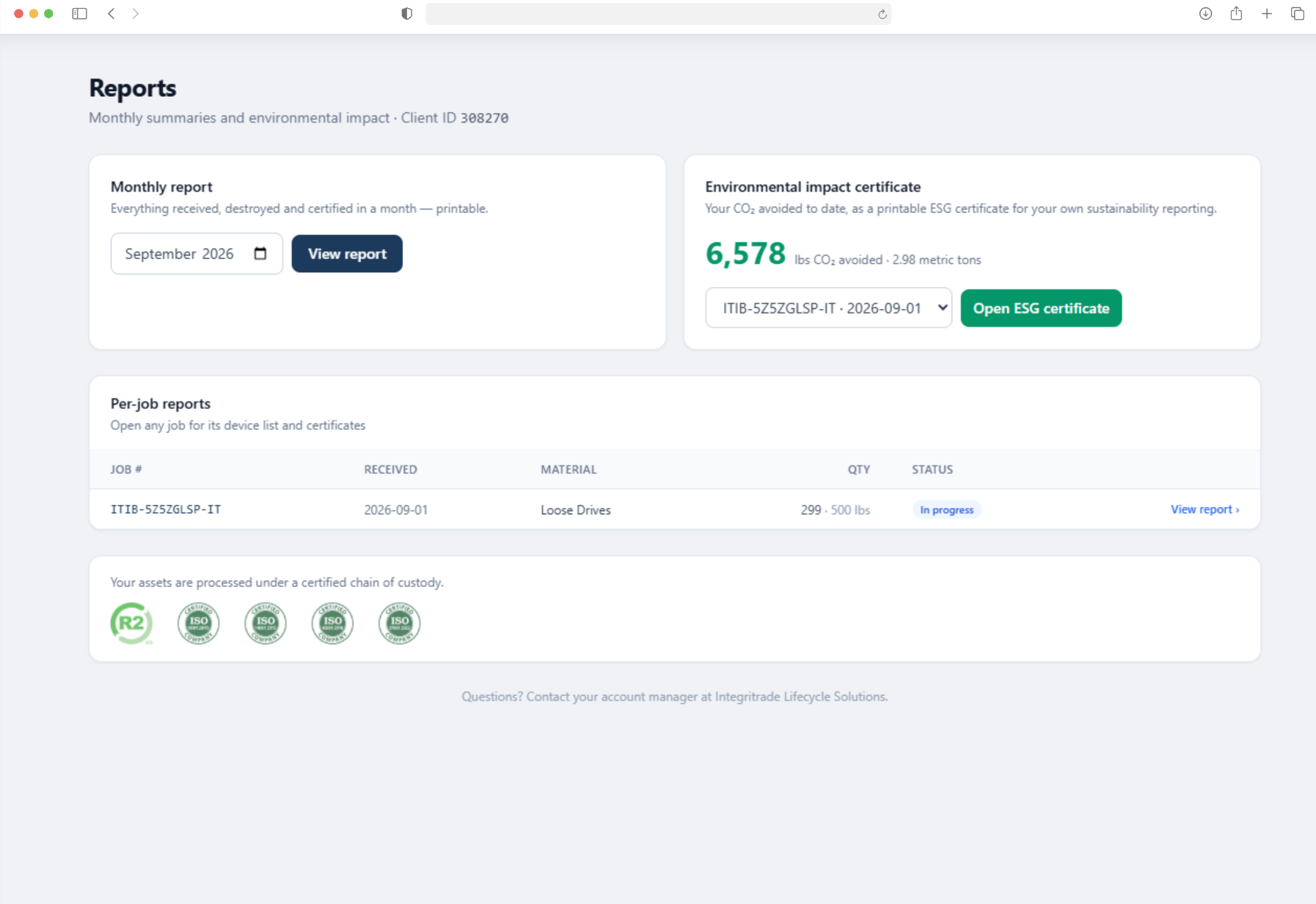 Reports & ESG summaries, TraceTech client portal (sample data)